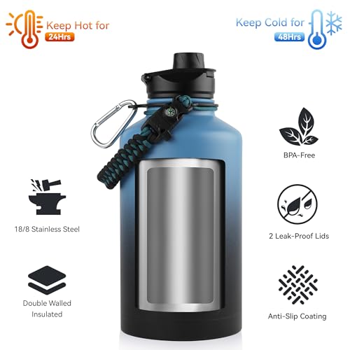 64 oz Insulated Water Bottle with Straw & Spout Lids