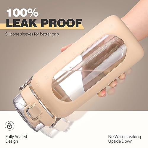 64oz Water Bottle Glass with Stainless Steel Handle Large Water Bottle with Time Markers and Silicone Sleeve Half Gallon Water Jug BPA Free for Gym Daily Use