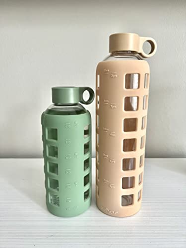 40oz / 32oz / 22oz / 12oz Borosilicate Glass Water Bottle with Time & Volume Markers, Silicone Sleeve, Stainless Steel Lid | Reusable Glass Bottle for Water & Juice (22oz Shale Green)