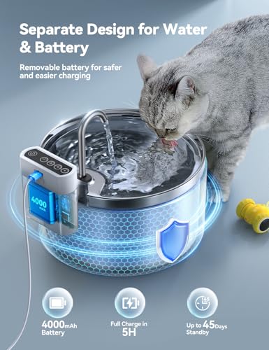 Wireless Cat Water Fountain [Water & Battery Separation] FEELNEEDY Stainless Steel Automatic Pet Water Dispenser