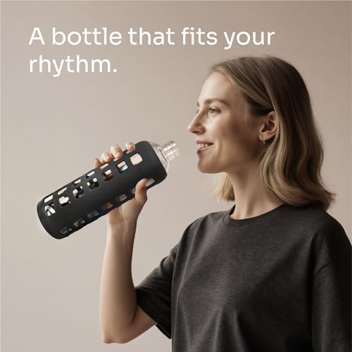 40oz / 32oz / 22oz / 12oz Borosilicate Glass Water Bottle with Time & Volume Markers, Silicone Sleeve, Stainless Steel Lid | Reusable Glass Bottle for Water & Juice (40oz Jet Black) (4 Count)