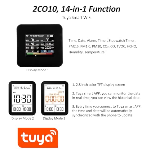 14 in 1 Indoor Air Quality Monitor Air Quality Detector CO₂ CO TVOC HCHO Temperature Humidity PM2.5 PM1.0 PM10 Desktop Air Quality Tester with Time