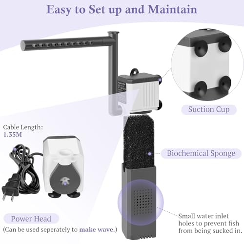 10W 130GPH Powerful Aquarium Filter for 10