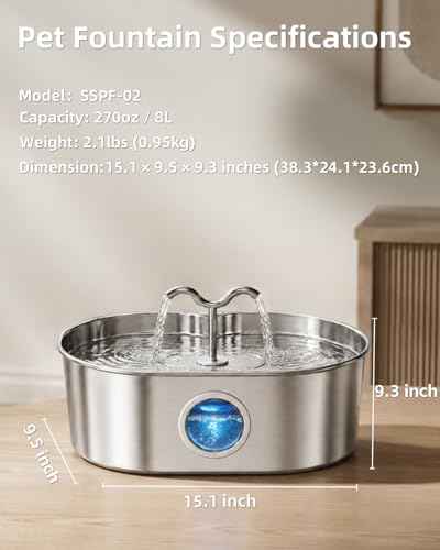 8L/270oz/2Gallon Stainless Steel Dog Water Fountain Pet Fountain