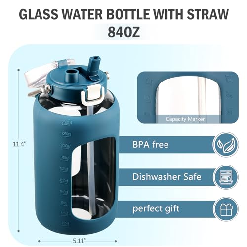 84oz Water Bottle Glass with Stainless Steel Handle Large 2.5l Water Bottle with Time Markers and Silicone Sleeve Half Gallon Water Jug BPA Free for Gym Daily Use
