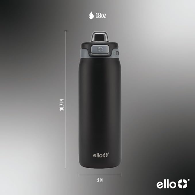 Ello Pop & Fill 18oz Stainless Steel Kids Water Bottle with Quick Fill Lid | Vacuum Insulated BPA Free Bottle with Leak Proof Straw and Chug Lid, Dishwasher Safe, Gift For Kids Teens, Tonal Black