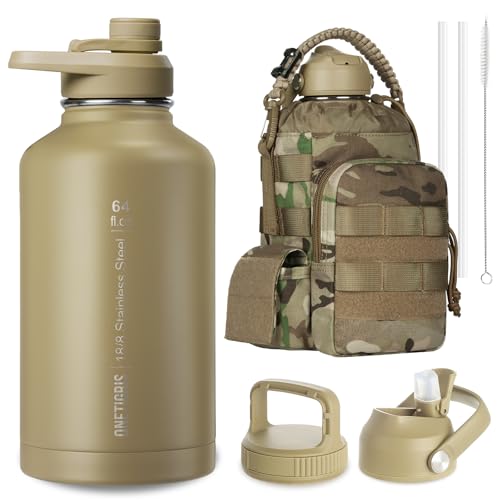 64oz Tactical Insulated Water Bottle with 3 Lids & MOLLE Pouch