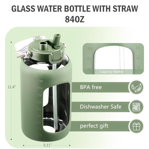84oz Water Bottle Glass with Stainless Steel Handle Large 2.5l Water Bottle with Time Markers and Silicone Sleeve Half Gallon Water Jug BPA Free for Gym Daily Use
