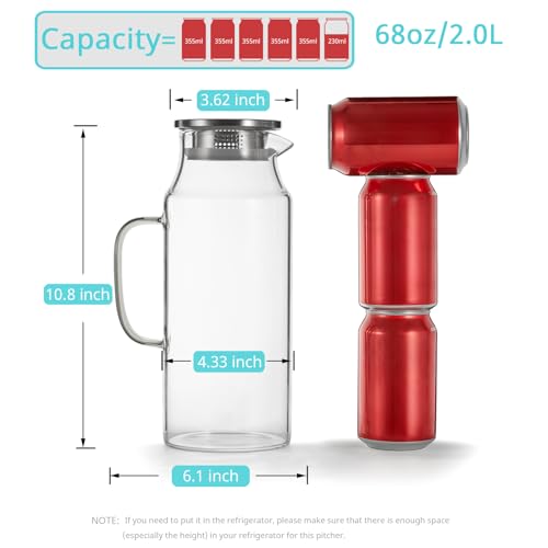 3 Pack 2 Liter 68 oz 2.1 Qt Glass Pitcher with Lid and Handle (3 Count)