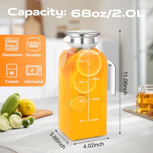68oz Glass Pitcher with Lid and Handle for Fridge