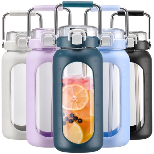 64oz Water Bottle Glass with Stainless Steel Handle Large Water Bottle with Time Markers and Silicone Sleeve Half Gallon Water Jug BPA Free for Gym Daily Use