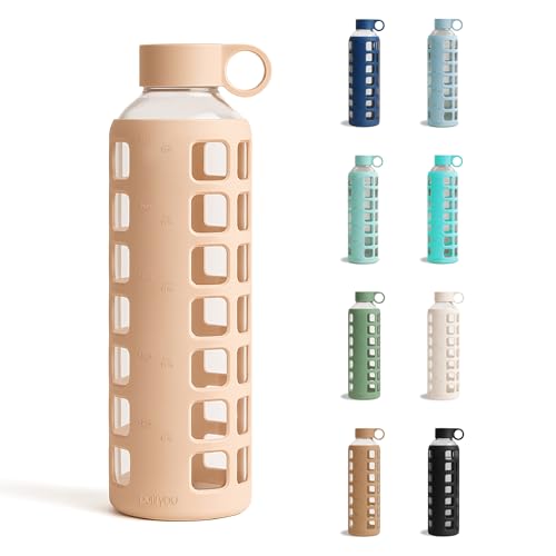 40oz / 32oz / 22oz / 12oz Borosilicate Glass Water Bottle with Time & Volume Markers, Silicone Sleeve, Stainless Steel Lid | Reusable Glass Bottle for Water & Juice (32oz Hazelnut)