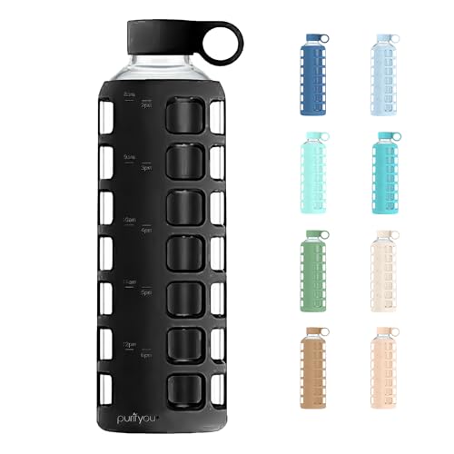 40oz / 32oz / 22oz / 12oz Borosilicate Glass Water Bottle with Time & Volume Markers, Silicone Sleeve, Stainless Steel Lid | Reusable Glass Bottle for Water & Juice (40oz Jet Black) (4 Count)