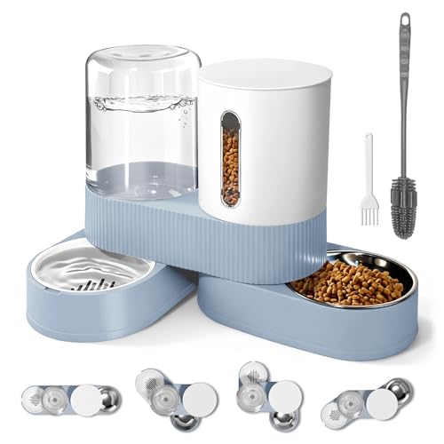 Automatic Gravity Cat Dog Feeder and Water Dispenser with 304 Stainless Steel Bowls 2 in 1 360 Degree Rotatable Auto 2.4L Dry Food and 2.6L Water Bowl for Small Medium Pet Dog Puppy Kitten