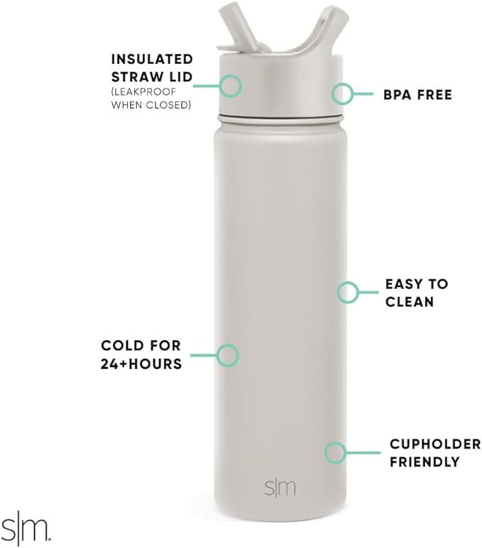 Simple Modern Water Bottle with Straw Lid Vacuum Insulated Stainless Steel Metal Cup Bottles | Reusable Leak Proof BPA-Free Flask for Gym, Travel, Sports | Summit Collection | 22oz, Almond Birch