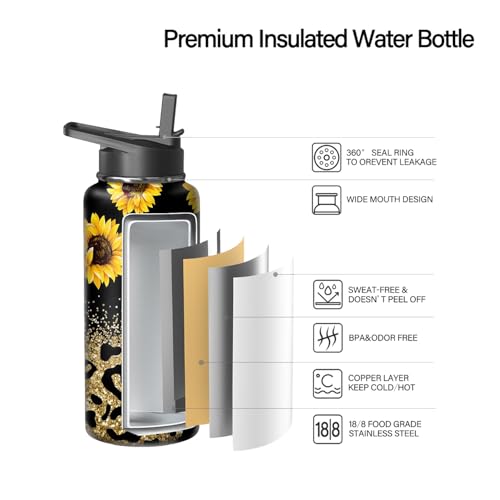 18oz Leopard Sunflower Water Bottle with Handle and Flip Straw