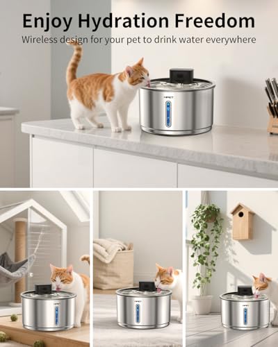 Stainless Steel Wireless Water Fountains for Cats Indoor with 4Filters
