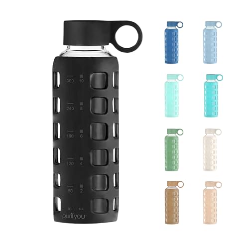 40oz / 32oz / 22oz / 12oz Borosilicate Glass Water Bottle with Time & Volume Markers, Silicone Sleeve, Stainless Steel Lid | Reusable Glass Bottle for Water & Juice (12oz Jet Black)