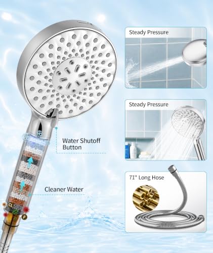 Filtered Shower Head with Handheld High Pressure 9 Spray Mode Showerhead Detachable Shower Head Water Softener Filters Beads for Hard Water Remove Chlorine 4 Filters Chrome