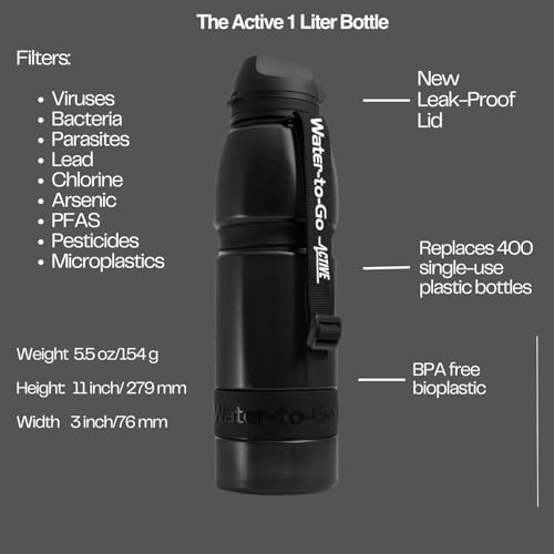 Water-to-Go Water Filter Bottle, 1 Liter, Jet Black