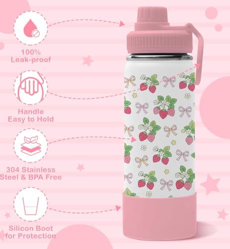 18oz Strawberry Water Bottle with 2Lids
