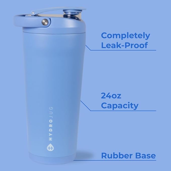 HydroJug 24 oz New Stainless Steel Shaker – Insulated, Leakproof, BPA-Free with Silent Mixing Grate – No Clumps, No Noise – Premium Shaker for Fitness, Sports & Everyday Use, Light Blue