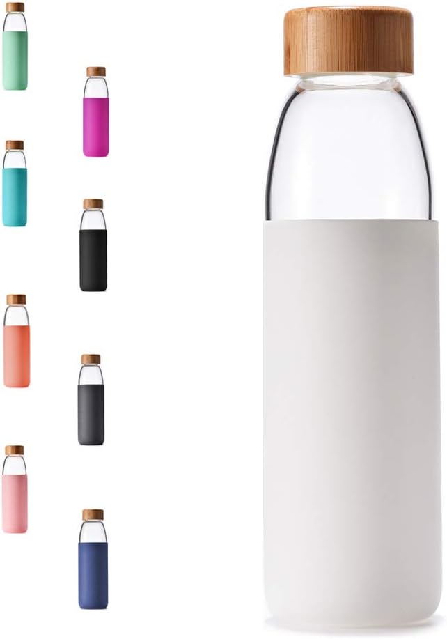 veegoal 18 Oz Borosilicate Glass Water Bottles with Bamboo Lid, BPA-FREE, Non-Slip Silicone Sleeve, and Stainless Steel Leak Proof Lid - Reusable Glass Bottle for Men and Women