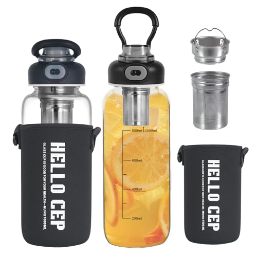34oz Glass Water Bottle with capacity Mark & Stainless Steel Tea Strainer