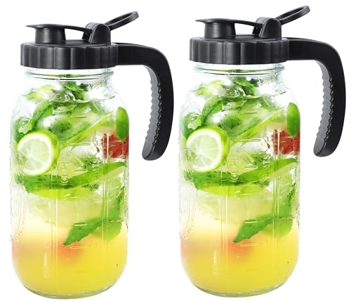 Glass Mason Jars Pitcher 32 Oz Pour Spout Lids & Handle (2 Count)