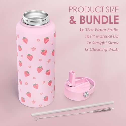 Strawberry Water Bottle 32oz Stainless Steel with Lid & Straw