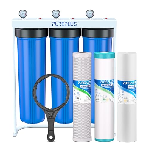 20-Inch 3-Stage Whole House Water Filter, Home Filtration System | Sediment, Granular Activated Carbon, Carbon Block Filters | Built-in Pressure Gauges, with Steel Stand Frame