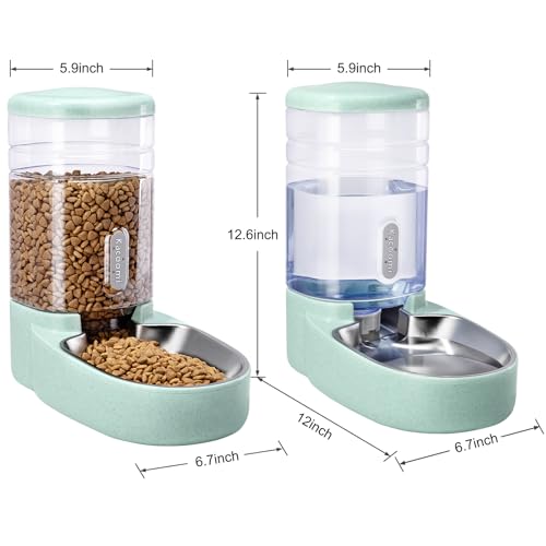 Automatic Cat Feeder and Water Dispenser with Stainless Steel Bowl Gravity Food Feeder and Waterer Set for Small Medium Dog Puppy Kitten 1 Gallon x 2