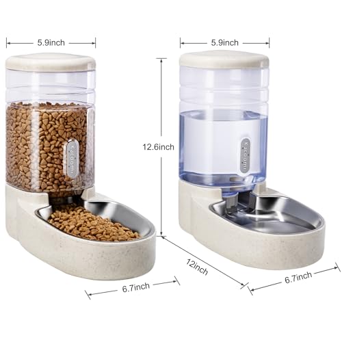 Automatic Cat Feeder and Water Dispenser with Stainless Steel Bowl Gravity Food Feeder and Waterer Set for Small Medium Dog Puppy Kitten 1 Gallon x 2