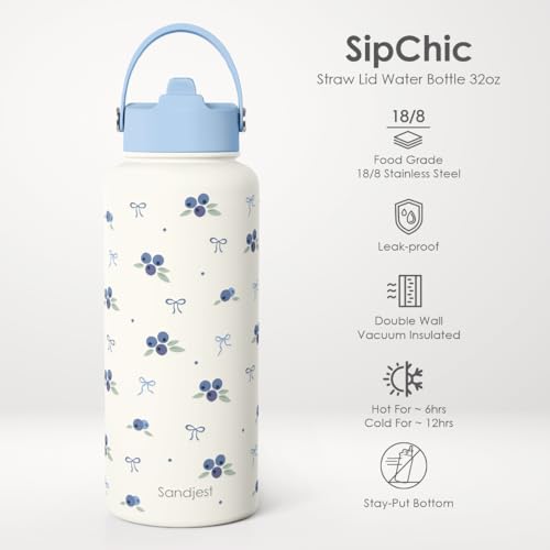 Blueberry Water Bottle Stainless Steel 32oz with Lid & Straw