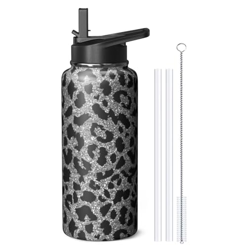 32oz Leopard Water Bottle with Handle and Flip Straw
