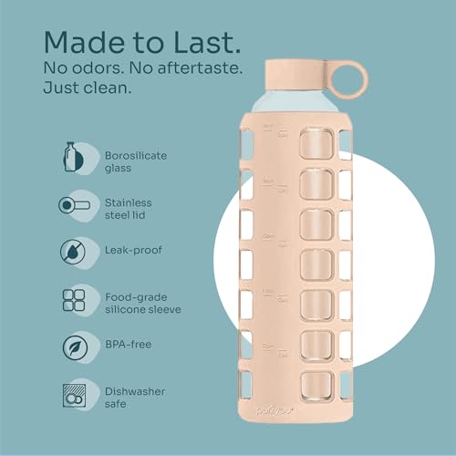 40oz / 32oz / 22oz / 12oz Borosilicate Glass Water Bottle with Time & Volume Markers, Silicone Sleeve, Stainless Steel Lid | Reusable Glass Bottle for Water & Juice (32oz Hazelnut)