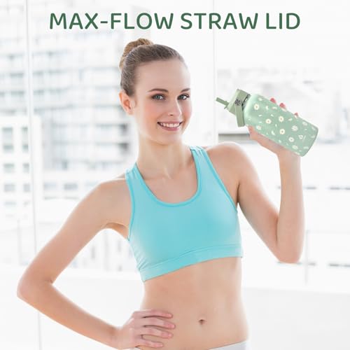 32oz Green Daisy Insulated Water Bottle for Women with Straw