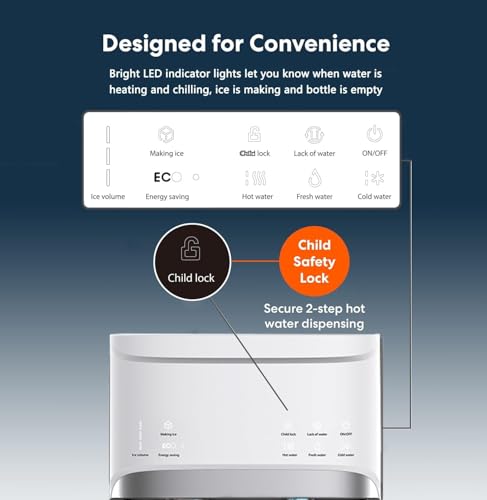 Self Clean 4 in 1 Water Cooler Dispenser with Ice Maker for 5 Gallon Bottle Bottom Loading 22lbs Daily Capacity Empty Bottle Light Ice Full Alert White