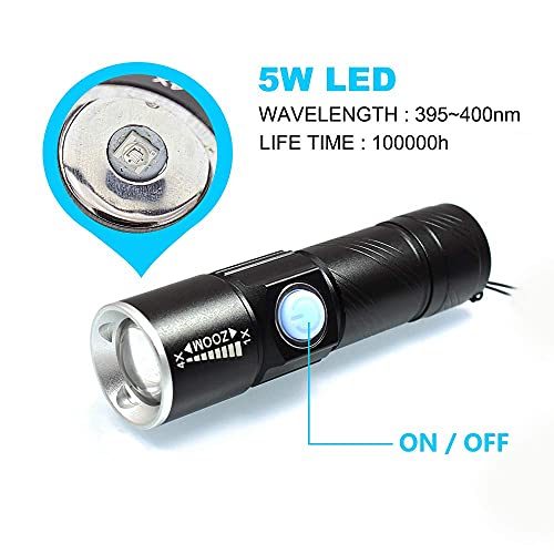 UV 395nm USB Rechargeable Flashlight Ultraviolet led Light Blacklight Portable 400nm Mini Detector for Dog Urine Pet Stains (2 Count)