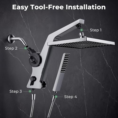 Filtered Rain Shower Head with Handheld Combo High Pressure 12'' Rainfall Shower Heads & Hidden Detachable Wand Dual Showerhead Water Softener for Hard Water Easy Filter Replacement