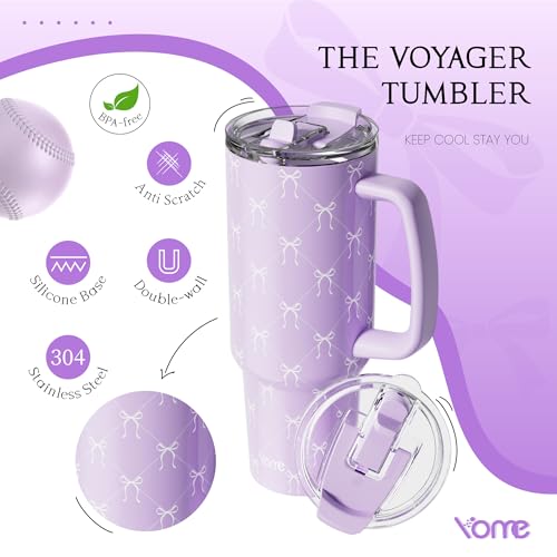 40oz Elegant Purple Bow Tumbler with Handle and Flip Straw