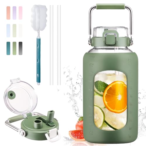 84oz Water Bottle Glass with Stainless Steel Handle Large 2.5l Water Bottle with Time Markers and Silicone Sleeve Half Gallon Water Jug BPA Free for Gym Daily Use