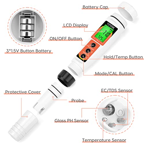 PH Meter Digital 4 in 1 PH EC TDS Temp Meter for Water Hydroponics