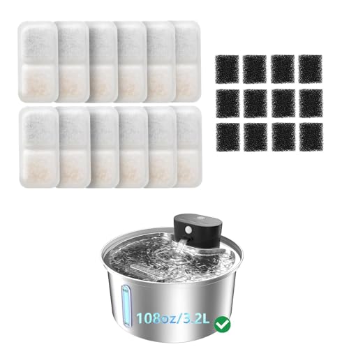 12 Pack Cat Water Fountain Filter & 12 Pack Pump Filter Sponges Replacement for [PF03]