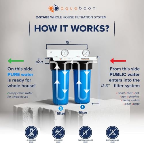 2 Stage Whole House Water Filtration System with 5 Micron 10x4.5 Reducing Sediment and KDF Heavy Metals Water Filter Purification Cartrige