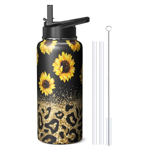 32oz Leopard Sunflower Water Bottle with Handle and Flip Straw