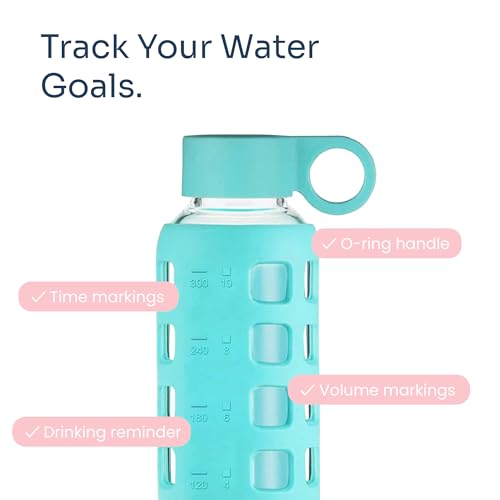 40oz / 32oz / 22oz / 12oz Borosilicate Glass Water Bottle with Time & Volume Markers, Silicone Sleeve, Stainless Steel Lid | Reusable Glass Bottle for Water & Juice (12oz Aqua Blue)