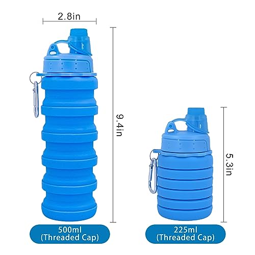 Collapsible Water Bottles Two Pack Travel Sports Portable Sport Water Bottle comes with mountaineering Buckle 500ml silicone Water (2 Count)