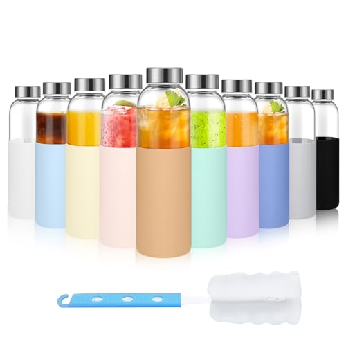18 oz Glass Water Bottles with Lids and Silicone Sleeve 10 Pack