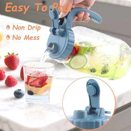 Mason Jar Pitcher 2 Quart With Pour Spout Lids 2 Pack 64 Oz Wide Mouth Water Pitcher Airtight And Leakproof Glass Carafe With Handle And Flip Cap For Milk (2 Count)